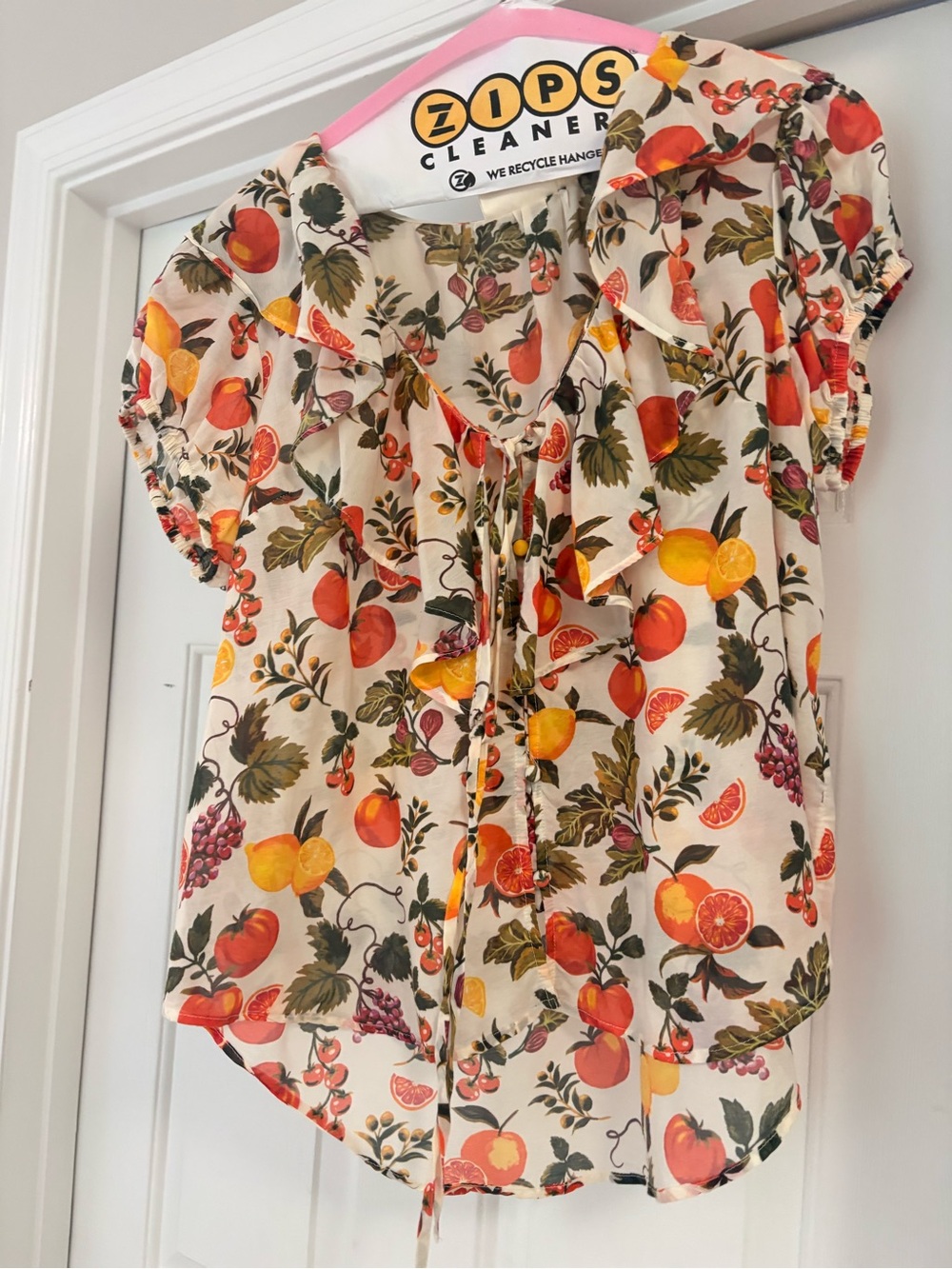 Anthropologie Cream Fruit-Print Ruffle Tie Blouse